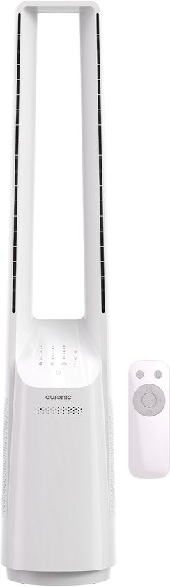 Ventilateur de tour Auronic - Modèle sans pales - Refroidisseur d'air - Ventilateur de sol - Ventilateur silencieux sur pied - 101 CM - 6 vitesses - Ventilateur - Avec minuterie - 39 dB - Blanc