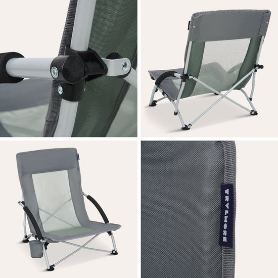 TRVLMORE Chaise de plage - pliable et démontable - capacité de charge de 120 kg - légère - avec sac de transport et porte-gobelet - grise
