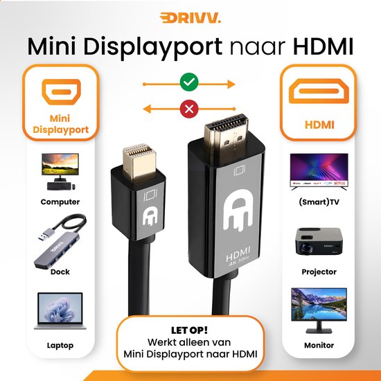 Drivv. Câble Premium Mini DisplayPort vers HDMI - Thunderbolt vers HDMI - Thunderbolt 1/2 - 4K 30Hz - Noir - 1,8 mètres