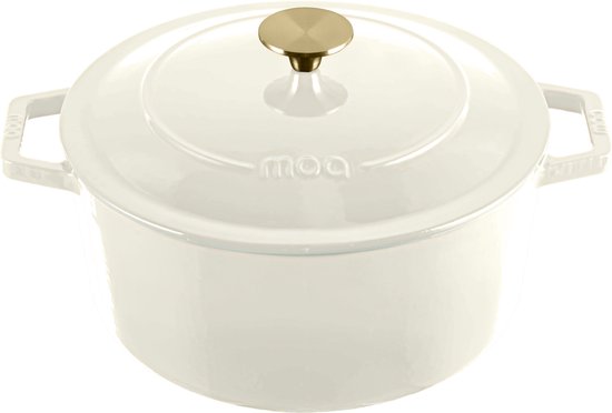 MOA Casserole en fonte - 5,7L - Pour toutes les sources de chaleur y compris l'induction - Avec couvercle - Ø 26cm - Revêtement antiadhésif - Blanc