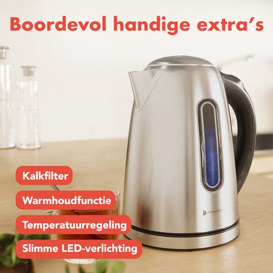 KitchenBrothers Bouilloire - avec contrôle de la température - électrique - avec filtre anti-calcaire - 1,7L - acier inoxydable