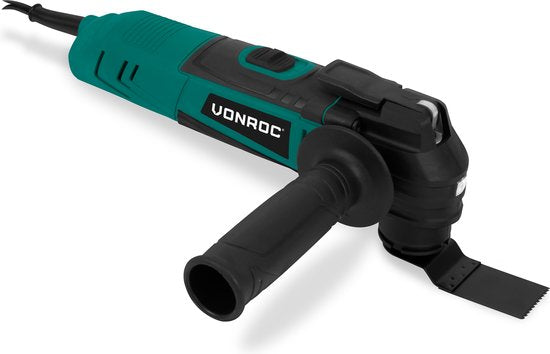 VONROC Multitool oscillant 350W - Vitesse variable 12,000 - 22,000 p/min. - Comprend un plateau de ponçage, une lame de scie, une lame de raclage et un adaptateur pour aspirateur.