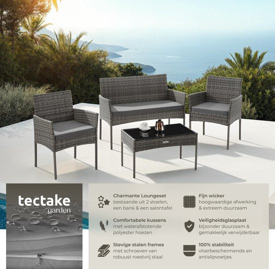 tectake® - Ensemble de jardin en osier Palese - Groupe de sièges pour 4 personnes - Ensemble de meubles de jardin avec banc de salon, table de jardin et 2 chaises de jardin, y compris les coussins d'assise - Meubles de jardin - Résistant à l'eau - Gris