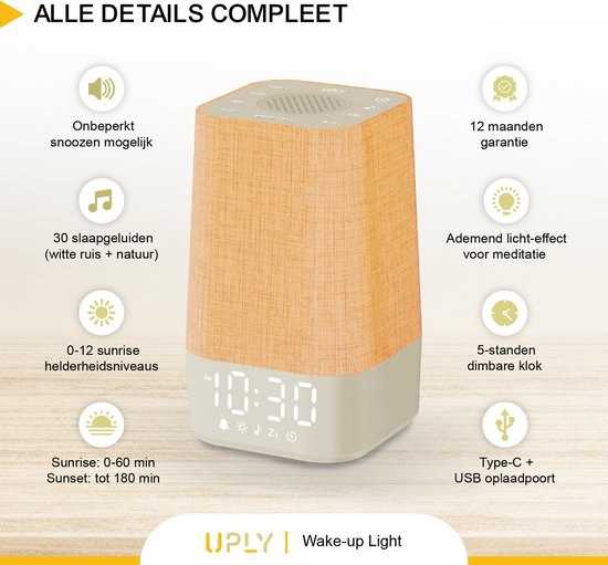 UPLY Lumière d'éveil - Avec prise de charge USB - Avec 30 sons - Réveil avec lumière - Bruit blanc - Réveil numérique