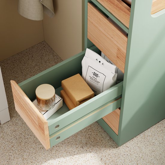 SoBuy Etagère de salle de bain avec 3 tiroirs - Meuble de salle de bain étroit sur roulettes - Rangement multifonctionnel - Vert, 65x24x82cm, BZR54-II-GR