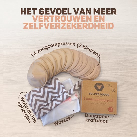 Vulpes Goods® BabyCare - Coussinets d'allaitement lavables - Bio - 14 coussinets - Coupe B à D - Lavables - Naturels - Respectueux de l'environnement - Sac de lavage et pochette de rangement inclus