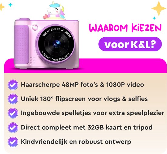 K&L Digital Kids Camera Kids 32GB - Caméra vlog pour enfants - Caméras numériques pour enfants - Appareil photo pour enfants - Appareil photo pour enfants