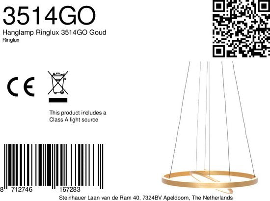 Steinhauer - lampe suspendue - Ringlux - or - verre métal - Ø 60cm - LED - 3514GO