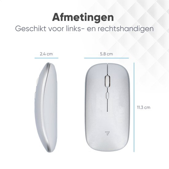 Souris sans fil Trendfield - Souris d'ordinateur rechargeable - Bluetooth - Souris ergonomique avec clic silencieux - Convient à tous les ordinateurs portables - Argent