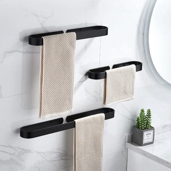 Happy Goods Porte-Serviettes Salle de Bain 60 cm - Porte-Serviettes Noir - Sans Perçage / Auto-Adhésif - Porte-Serviettes Cuisine - Porte-Serviettes Salle de Bain - Porte-Serviettes - Porte-Serviettes