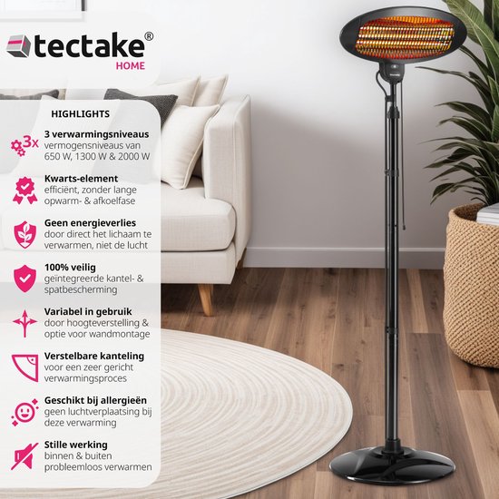 tectake® - Chauffage infrarouge - Chauffage avec support ou fixation murale - Lampe chauffante pour table à langer - Chauffage pour salle de bain - Chauffage infrarouge pour terrasse - Chauffage électrique - 2000W - 3 niveaux