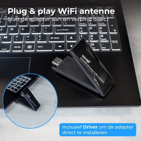 Nuvance - Adaptateur WiFi USB - Dongle WiFi - Convient à Windows - 2402 Mbps - Antenne WiFi - WiFi6E