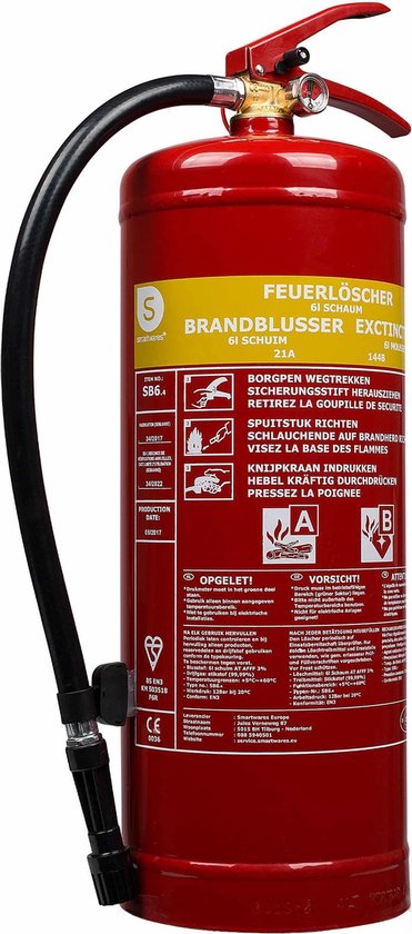 Smartwares 10.015.05 Extincteur - 6 litres - Mousse - Avec support de suspension - Classe de feu AB - Certifié BSI