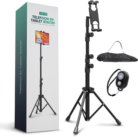 Serve Tablet Stand - Tripod Holder Tripod for Smartphone & Tablet - Incl. Carrying Bag & Bluetooth Remote - iPad Tablet Holder Lectern Aluminium - Black
