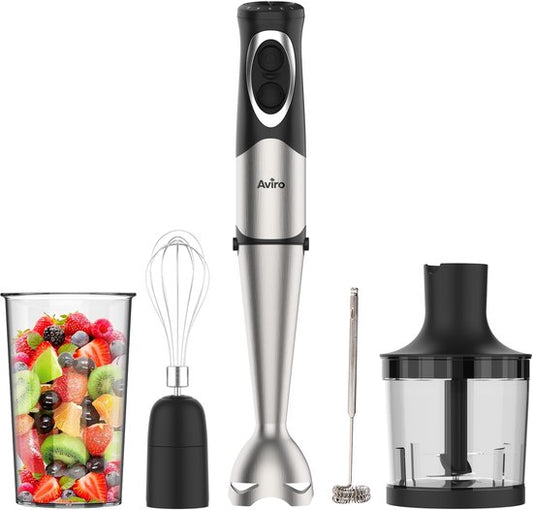 Aviro 6-in-1 Hand Blender Set - 1000W - 20 Speeds - Chopper, Milk Frother, Whisk & Measuring Cup - stainless steel