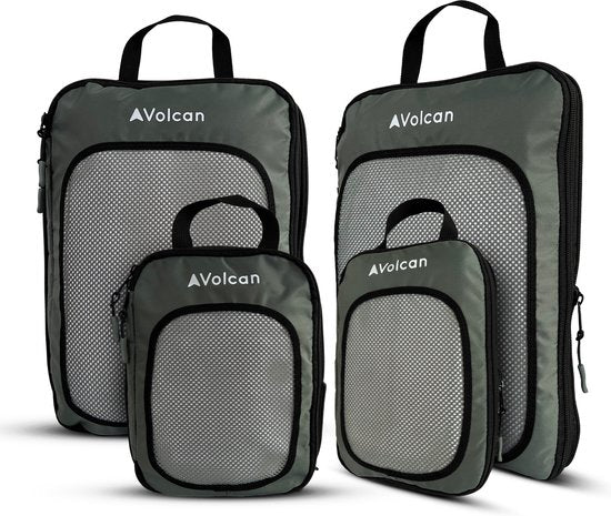 Cubes de compression Volcan - Organiseur de valise - Lot de 4 - Avec fermetures à glissière de compression - Pour sac à dos et valise - Vert botanique