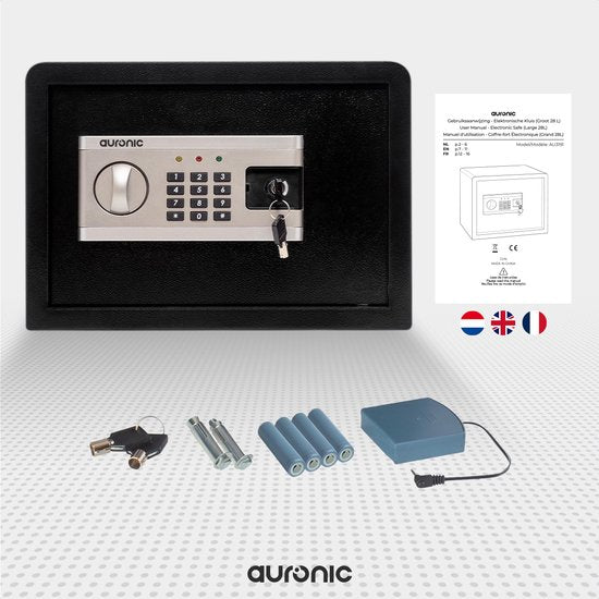 Coffre Électronique Auronic - Serrure à Combinaison - Clé - Fixation Murale - Porte 4,3cm - Alarme 130dB - 28L - 30x38x30cm - 10KG - Acier - Noir