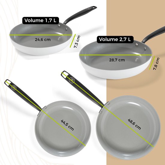 BE Living 2-Piece Frying Pan Set - Ø 24 & 28 cm - Poêle à frire - Céramique - Antiadhésif sans PFAS - Poêle à frire à induction - Blanc - Essential Series