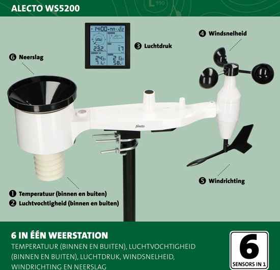 Alecto WS5200 - Station météo professionnelle WiFi avec capteur extérieur - Contrôle par application - 6-en-1