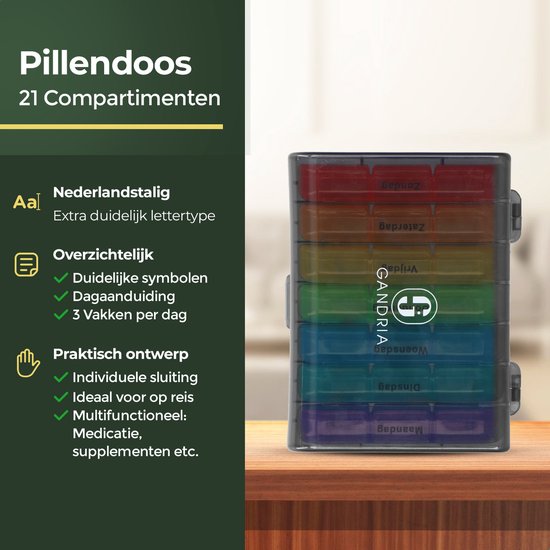 Pilulier Gandria 7 jours - Pilulier amovible - Boîte à médicaments avec 21 compartiments - Boîte à médicaments avec fermeture solide - 3 compartiments par jour - 7 couleurs