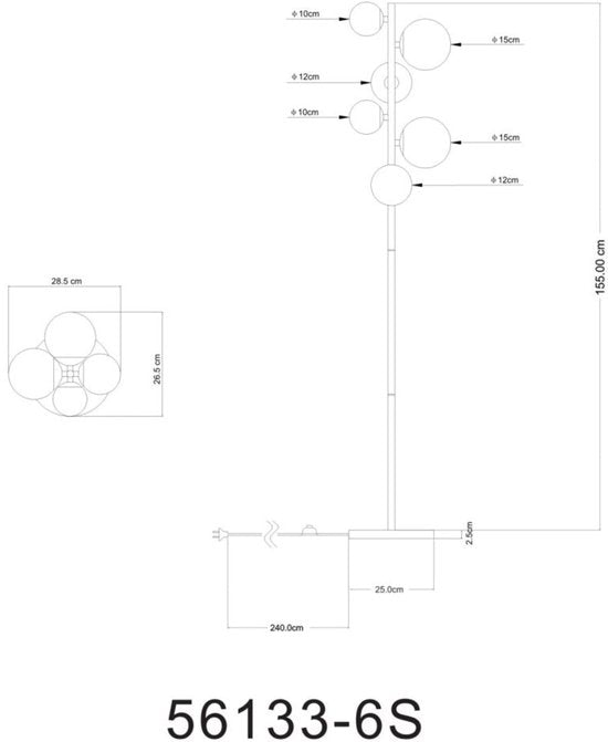 Lampadaire RIHA Glass 155.0cm Matt Black | Smoked G9 6-Light