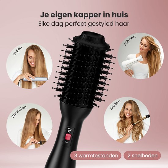 Auronic 4-in-1 Hairdryer Brush - Airstyler - Combs - Styles - Curls - Blow-dry - 37 mm Curling Brush - 360 Degree Airflow - Black/Pink