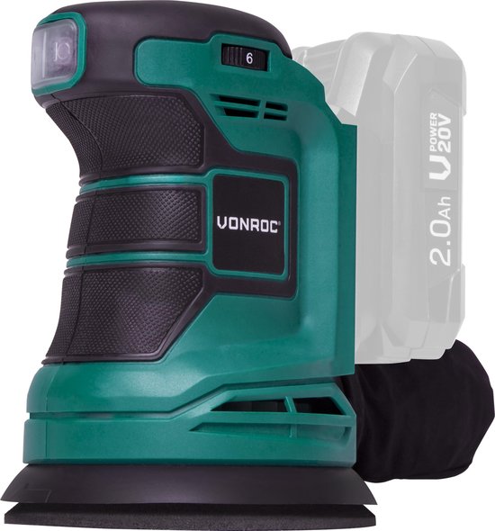 VONROC Random Orbit Sander - VPower 20V - Sans batterie ni chargeur - Ø125mm - Avec sac à poussière et 12 morceaux de papier de verre