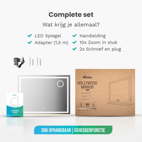 Mirlux Hollywood Mirror 80x60CM - 2 haut-parleurs Bluetooth - ports de charge USB et USB-C - éclairage LED - miroir de maquillage - zoom 10x - suspendu - blanc