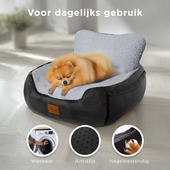 Siège auto pour chien CozySense® - Panier auto pour chien avec sangle de sécurité et compartiment de rangement - Pour petit chien - Siège avant ou arrière - Noir/Gris