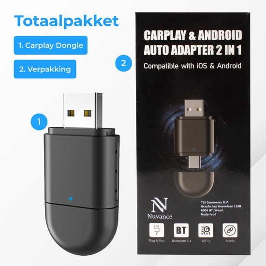 Nuvance - CarPlay Dongle - 2 en 1 USB & USB-C - Convient pour Android & Apple - CarPlay Wireless - Car Dongle - Wireless CarPlay - Adaptateur USB