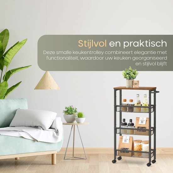 O'DADDY® Kitchen Trolley - Chariot à roulettes étroit - Ilot de cuisine - Chariot de service - Chariot de cuisine à roulettes - Chariot de cuisine - Design industriel - Bois brun - Métal noir