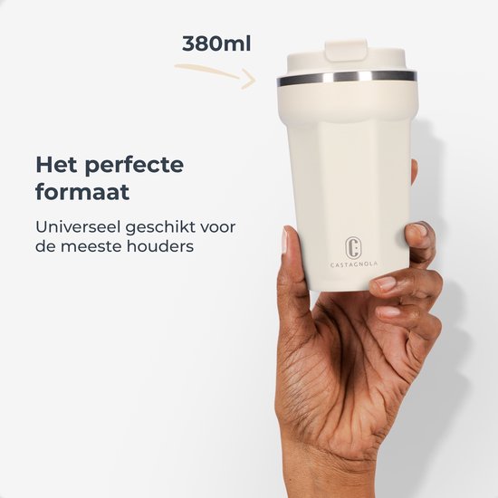 Mug thermos Castagnola - Tasse à café à emporter - Mug de voyage pour le café et le thé - Mug à thé - 380 ML - Acier inoxydable - Blanc cassé - Octogone