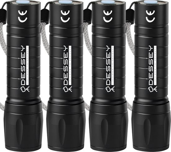ODESSEY Lampe de poche LED rechargeable - 4-Pack - COB Lighting - avec dragonne - Lampe de poche militaire - Lampes de poche - Enfant - Noir