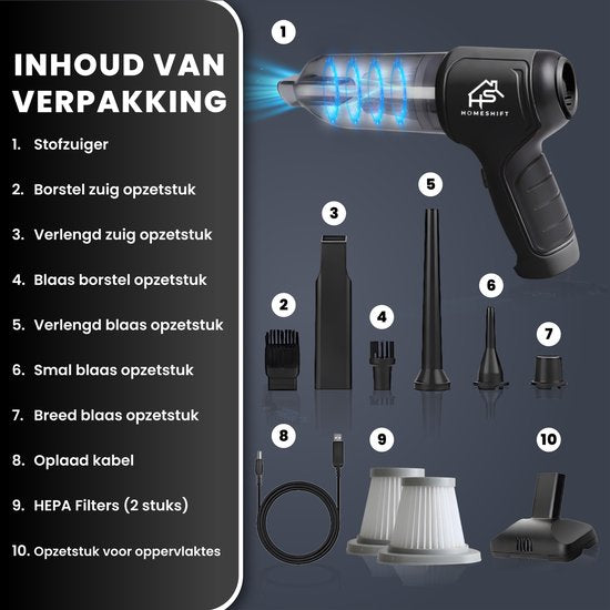 HomeShift® Aspirateur de voiture sans fil V2 - Aspirateur à miettes - Aspirateur à main - Petit aspirateur - Aspirateur sans fil - Air Duster - Wet & Dry - Noir