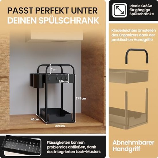 HELDENWERK - Rangement pour évier et cuisine - 2 pièces - plastique ABS noir - coulissant à 2 niveaux - pour cuisine et salle de bain - avec crochets et plateaux - espace de rangement maximal