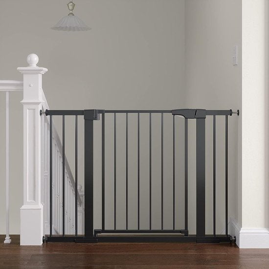 ADSafety Porte d'escalier sans perçage - 76 à 103 cm - 2 rallonges incluses - Fixation par pince - Barrière de sécurité - Barrière pour enfants - Barrière pour chiens - Noir