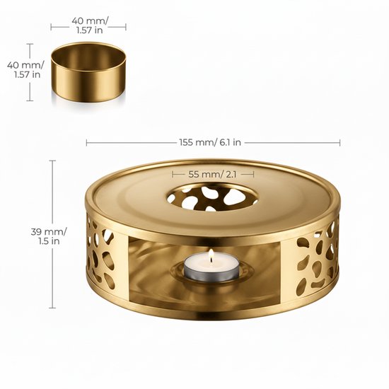 Vaja® Réchauffeur avec Waxinelicht pour théière - Réchauffeur avec bougie - Porte-lampions - Chauffe-thé - Théière - Réchauffeur - Or