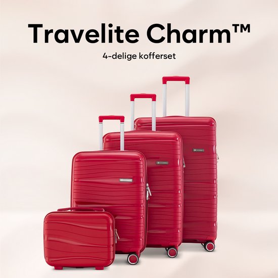 SKYCASES Travelin' Charm 4-Piece Trolley Set - Hand Luggage & Check-in Suitcases - 32L/60L/98L - Number Lock - 360° Noiseless Wheels - Lightweight & Sturdy - Modern Design - Rouge