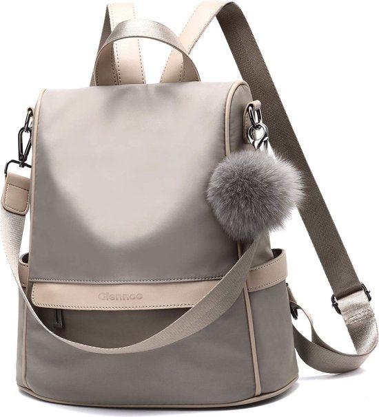 Sac à dos antivol - Sac à dos femmes - Imperméable - Petit - Sac à dos antivol - Dos, Epaule, Sac à main en un - Nylon - avec sangle réglable - Beige - Glennoo