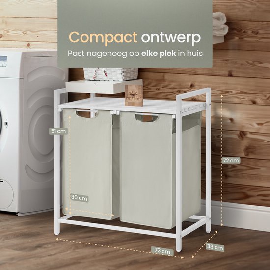 O'DADDY® Laundry Basket 2 Boxes - Trieur de linge extensible avec étagère - 76 litres - 73 x 33 x 72 cm - Pieds réglables - Assemblage facile - Multifonctionnel et élégant - Métal - Blanc