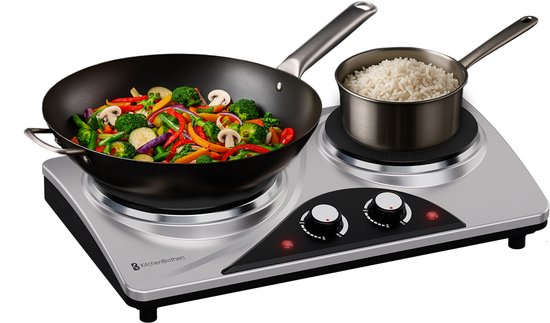 KitchenBrothers Table de cuisson électrique - 2 brûleurs - pose libre - 7 niveaux de température - 1500W + 1000W - inox/noir