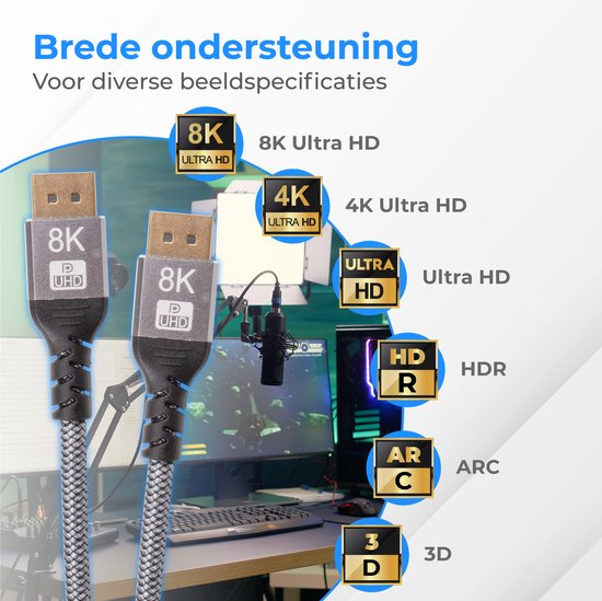 Nuvance - Câble Displayport - Câble d'affichage de 2 mètres - jusqu'à 32,4GBps - 8K Ultra HD - pour TV, ordinateur, moniteur, projecteur & Beamer - Display Port