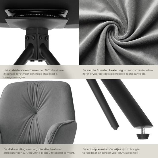 tectake® Chaise pivotante Lenia - Lot de 2 chaises pivotantes avec accoudoir - Chaise de salle à manger pivotante - Fauteuils pivotants - Tapissés - aspect velours Anthracite/Noir