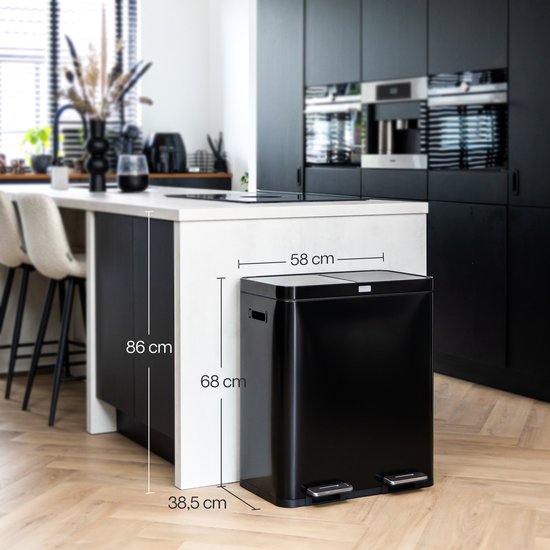 Deleca Recycle Bin with 2 Compartments - 60 Litres (2x30) Waste Bin - Waste Separation / Deposit Container / Pedal Bin - Garbage Bin with FreshAura Odour Control - Slow Close - Stainless Steel Black