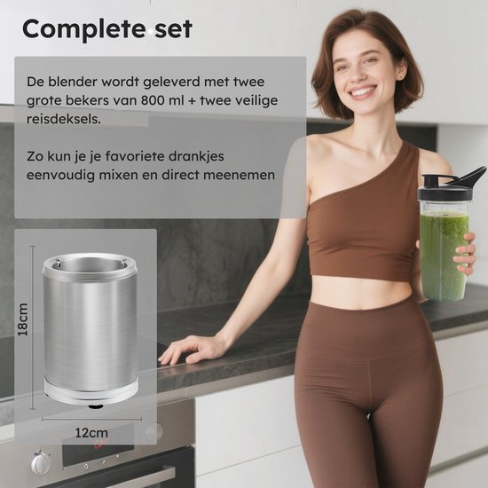 Blender To Go - 6-Piece Set - Smoothie Maker - Blender - 2x 800ml Drinking Cups - 1200W - Lavable au lave-vaisselle - Sans BPA - Portable Blender - Silver - by Saaf