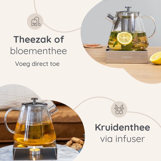 Deleca Théière en verre Clarity - Avec filtre en acier inoxydable et chauffe-plat - Pour thé en vrac / fleurs de thé - Cadeau de Noël - Verre borosilicaté / 1.5L