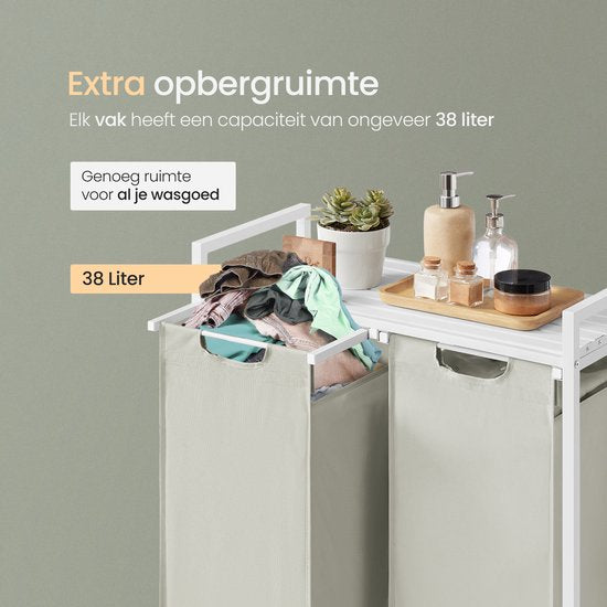 O'DADDY® Laundry Basket 2 Boxes - Trieur de linge extensible avec étagère - 76 litres - 73 x 33 x 72 cm - Pieds réglables - Assemblage facile - Multifonctionnel et élégant - Métal - Blanc