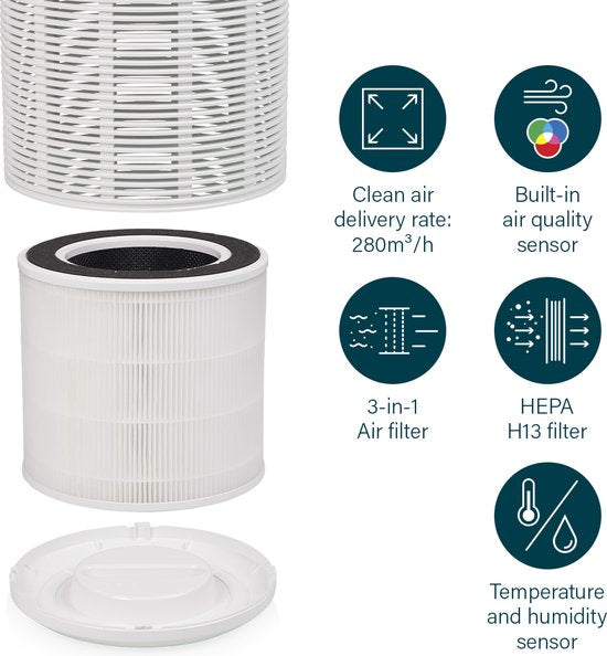 Princess Smart Air Purifier 356280 - Purificateur d'air - WiFi - Fonctionne contre le rhume des foins, les allergies, les acariens, la poussière - CADR 280 m³/h - Filtre Hepa 13 remplaçable - Indicateur de la qualité de l'air - Contrôlé par l'application