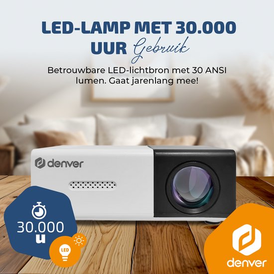 Denver Mini Beamer - Full HD 1920*1080P - 30 ANSI Lumen - Projecteur - Home Cinema - HDMI - USB-C - PR1000