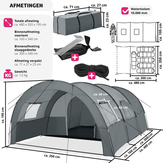 tectake® - Tente tunnel Roskilde - 6 couchages, avec auvent et tapis de sol - 404825